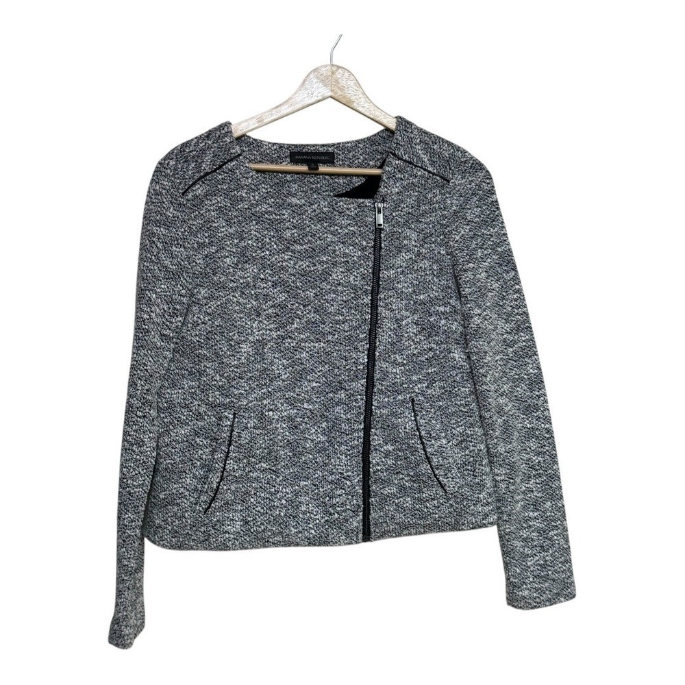 Banana Republic Knit Moto Jacket Black White Gray Zip Front Womens Size 6